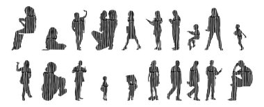 Vektör siluetleri, insanların ana hatları, Contour çizimleri, insanların siluetleri, ikon kümesi izole edilmiş, oturan insanların silueti, mimari set