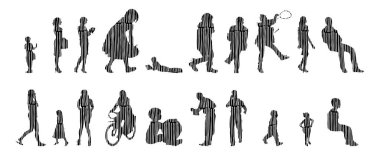 Vektör siluetleri, insanların ana hatları, Contour çizimleri, insanların siluetleri, ikon kümesi izole edilmiş, oturan insanların silueti, mimari set