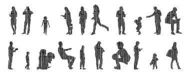 Vektör siluetleri, insanların ana hatları, Contour çizimleri, insanların siluetleri, ikon kümesi izole edilmiş, oturan insanların silueti, mimari set