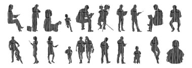 Vektör siluetleri, insanların ana hatları, Contour çizimleri, insanların siluetleri, ikon kümesi izole edilmiş, oturan insanların silueti, mimari set