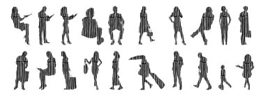 Vektör siluetleri, insanların ana hatları, Contour çizimleri, insanların siluetleri, ikon kümesi izole edilmiş, oturan insanların silueti, mimari set