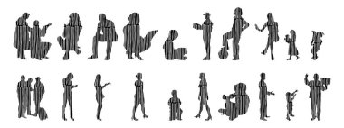 Vektör siluetleri, insanların ana hatları, Contour çizimleri, insanların siluetleri, ikon kümesi izole edilmiş, oturan insanların silueti, mimari set