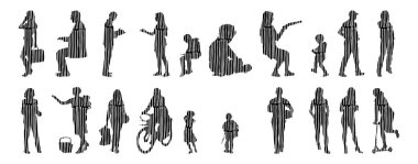 Vektör siluetleri, insanların ana hatları, Contour çizimleri, insanların siluetleri, ikon kümesi izole edilmiş, oturan insanların silueti, mimari set