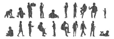 Vektör siluetleri, insanların ana hatları, Contour çizimleri, insanların siluetleri, ikon kümesi izole edilmiş, oturan insanların silueti, mimari set