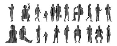 Vektör siluetleri, insanların ana hatları, Contour çizimleri, insanların siluetleri, ikon kümesi izole edilmiş, oturan insanların silueti, mimari set