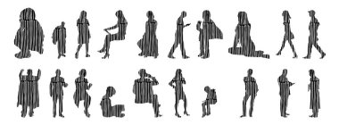 Vektör siluetleri, insanların ana hatları, Contour çizimleri, insanların siluetleri, ikon kümesi izole edilmiş, oturan insanların silueti, mimari set