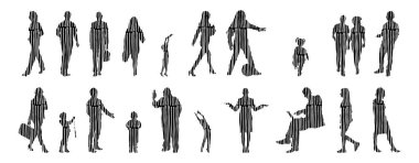 Vektör siluetleri, insanların ana hatları, Contour çizimleri, insanların siluetleri, ikon kümesi izole edilmiş, oturan insanların silueti, mimari set