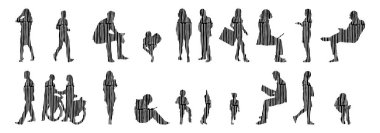 Vektör siluetleri, insanların ana hatları, Contour çizimleri, insanların siluetleri, ikon kümesi izole edilmiş, oturan insanların silueti, mimari set