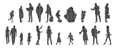 Vektör siluetleri, insanların ana hatları, Contour çizimleri, insanların siluetleri, ikon kümesi izole edilmiş, oturan insanların silueti, mimari set