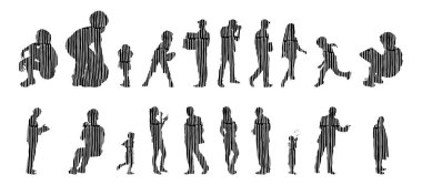 Vektör siluetleri, insanların ana hatları, Contour çizimleri, insanların siluetleri, ikon kümesi izole edilmiş, oturan insanların silueti, mimari set