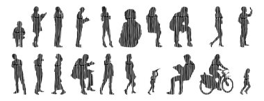 Vektör siluetleri, insanların ana hatları, Contour çizimleri, insanların siluetleri, ikon kümesi izole edilmiş, oturan insanların silueti, mimari set