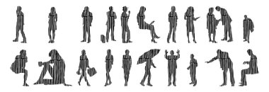 Vektör siluetleri, insanların ana hatları, Contour çizimleri, insanların siluetleri, ikon kümesi izole edilmiş, oturan insanların silueti, mimari set