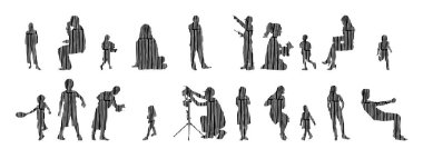 Vektör siluetleri, insanların ana hatları, Contour çizimleri, insanların siluetleri, ikon kümesi izole edilmiş, oturan insanların silueti, mimari set