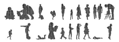 Vektör siluetleri, insanların ana hatları, Contour çizimleri, insanların siluetleri, ikon kümesi izole edilmiş, oturan insanların silueti, mimari set