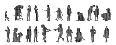 Vektör siluetleri, insanların ana hatları, Contour çizimleri, insanların siluetleri, ikon kümesi izole edilmiş, oturan insanların silueti, mimari set