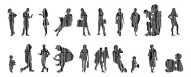 Vektör siluetleri, insanların ana hatları, Contour çizimleri, insanların siluetleri, ikon kümesi izole edilmiş, oturan insanların silueti, mimari set