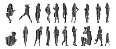 Vektör siluetleri, insanların ana hatları, Contour çizimleri, insanların siluetleri, ikon kümesi izole edilmiş, oturan insanların silueti, mimari set