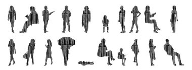 Vektör siluetleri, insanların ana hatları, Contour çizimleri, insanların siluetleri, ikon kümesi izole edilmiş, oturan insanların silueti, mimari set