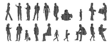 Vektör siluetleri, insanların ana hatları, Contour çizimleri, insanların siluetleri, ikon kümesi izole edilmiş, oturan insanların silueti, mimari set