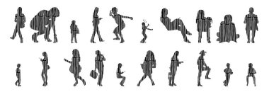 Vektör siluetleri, insanların ana hatları, Contour çizimleri, insanların siluetleri, ikon kümesi izole edilmiş, oturan insanların silueti, mimari set