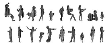 Vektör siluetleri, insanların ana hatları, Contour çizimleri, insanların siluetleri, ikon kümesi izole edilmiş, oturan insanların silueti, mimari set