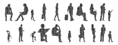 Vektör siluetleri, insanların ana hatları, Contour çizimleri, insanların siluetleri, ikon kümesi izole edilmiş, oturan insanların silueti, mimari set