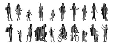 Vektör siluetleri, insanların ana hatları, Contour çizimleri, insanların siluetleri, ikon kümesi izole edilmiş, oturan insanların silueti, mimari set