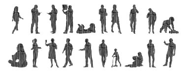 Vektör siluetleri, insanların ana hatları, Contour çizimleri, insanların siluetleri, ikon kümesi izole edilmiş, oturan insanların silueti, mimari set