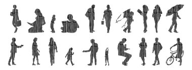 Vektör siluetleri, insanların ana hatları, Contour çizimleri, insanların siluetleri, ikon kümesi izole edilmiş, oturan insanların silueti, mimari set