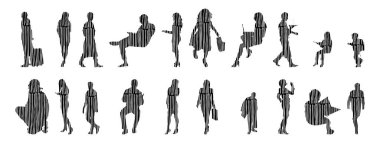 Vektör siluetleri, insanların ana hatları, Contour çizimleri, insanların siluetleri, ikon kümesi izole edilmiş, oturan insanların silueti, mimari set