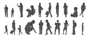 Vektör siluetleri, insanların ana hatları, Contour çizimleri, insanların siluetleri, ikon kümesi izole edilmiş, oturan insanların silueti, mimari set