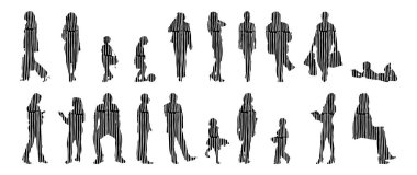 Vektör siluetleri, insanların ana hatları, Contour çizimleri, insanların siluetleri, ikon kümesi izole edilmiş, oturan insanların silueti, mimari set