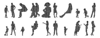 Vektör siluetleri, insanların ana hatları, Contour çizimleri, insanların siluetleri, ikon kümesi izole edilmiş, oturan insanların silueti, mimari set