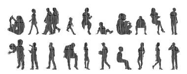 Vektör siluetleri, insanların ana hatları, Contour çizimleri, insanların siluetleri, ikon kümesi izole edilmiş, oturan insanların silueti, mimari set