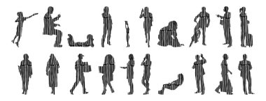 Vektör siluetleri, insanların ana hatları, Contour çizimleri, insanların siluetleri, ikon kümesi izole edilmiş, oturan insanların silueti, mimari set