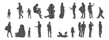 Vektör siluetleri, insanların ana hatları, Contour çizimleri, insanların siluetleri, ikon kümesi izole edilmiş, oturan insanların silueti, mimari set