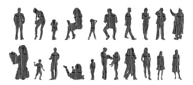 Vektör siluetleri, insanların ana hatları, Contour çizimleri, insanların siluetleri, ikon kümesi izole edilmiş, oturan insanların silueti, mimari set