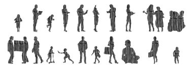 Vektör siluetleri, insanların ana hatları, Contour çizimleri, insanların siluetleri, ikon kümesi izole edilmiş, oturan insanların silueti, mimari set