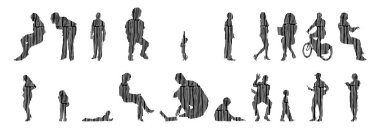 Vektör siluetleri, insanların ana hatları, Contour çizimleri, insanların siluetleri, ikon kümesi izole edilmiş, oturan insanların silueti, mimari set
