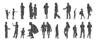 Vektör siluetleri, insanların ana hatları, Contour çizimleri, insanların siluetleri, ikon kümesi izole edilmiş, oturan insanların silueti, mimari set