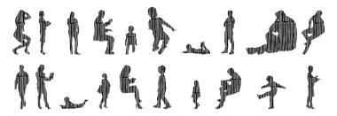 Vektör siluetleri, insanların ana hatları, Contour çizimleri, insanların siluetleri, ikon kümesi izole edilmiş, oturan insanların silueti, mimari set