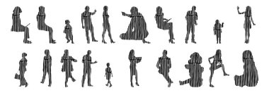 Vektör siluetleri, insanların ana hatları, Contour çizimleri, insanların siluetleri, ikon kümesi izole edilmiş, oturan insanların silueti, mimari set