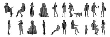 Vektör siluetleri, insanların ana hatları, Contour çizimleri, insanların siluetleri, ikon kümesi izole edilmiş, oturan insanların silueti, mimari set