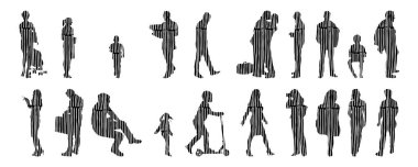 Vektör siluetleri, insanların ana hatları, Contour çizimleri, insanların siluetleri, ikon kümesi izole edilmiş, oturan insanların silueti, mimari set