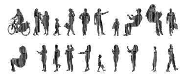 Vektör siluetleri, insanların ana hatları, Contour çizimleri, insanların siluetleri, ikon kümesi izole edilmiş, oturan insanların silueti, mimari set