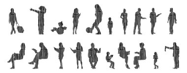 Vektör siluetleri, insanların ana hatları, Contour çizimleri, insanların siluetleri, ikon kümesi izole edilmiş, oturan insanların silueti, mimari set