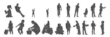 Vektör siluetleri, insanların ana hatları, Contour çizimleri, insanların siluetleri, ikon kümesi izole edilmiş, oturan insanların silueti, mimari set