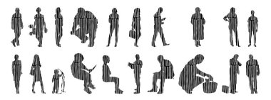 Vektör siluetleri, insanların ana hatları, Contour çizimleri, insanların siluetleri, ikon kümesi izole edilmiş, oturan insanların silueti, mimari set