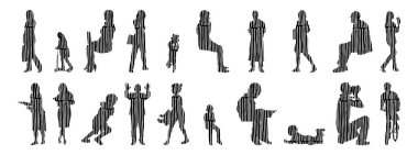 Vektör siluetleri, insanların ana hatları, Contour çizimleri, insanların siluetleri, ikon kümesi izole edilmiş, oturan insanların silueti, mimari set