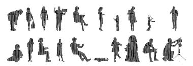 Vektör siluetleri, insanların ana hatları, Contour çizimleri, insanların siluetleri, ikon kümesi izole edilmiş, oturan insanların silueti, mimari set